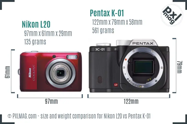 Nikon L20 vs Pentax K-01 size comparison