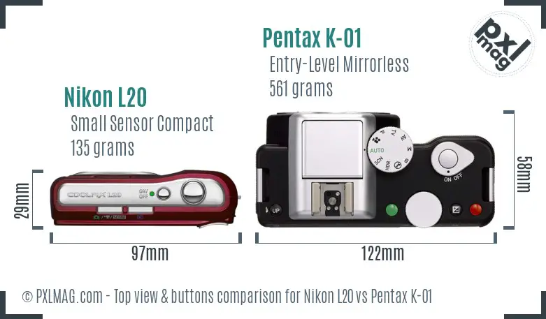 Nikon L20 vs Pentax K-01 top view buttons comparison