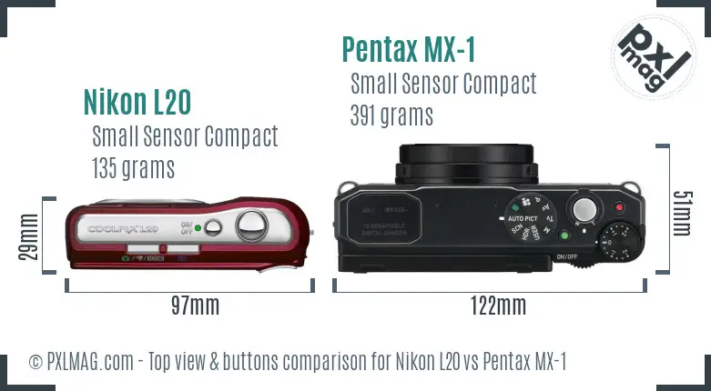 Nikon L20 vs Pentax MX-1 top view buttons comparison