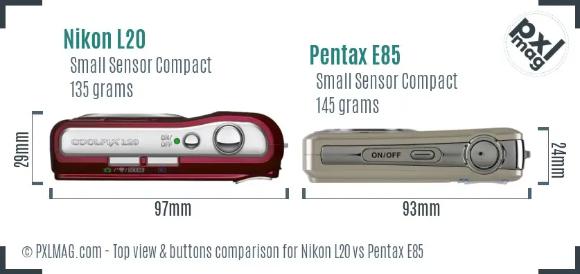Nikon L20 vs Pentax E85 top view buttons comparison