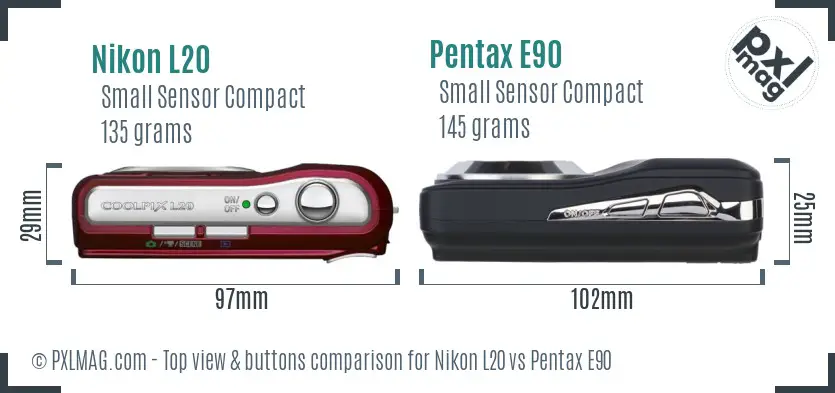 Nikon L20 vs Pentax E90 top view buttons comparison Nikon L20 vs Pentax E90 top view buttons comparison