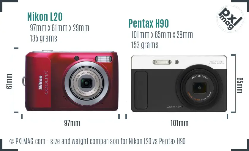 Nikon L20 vs Pentax H90 size comparison