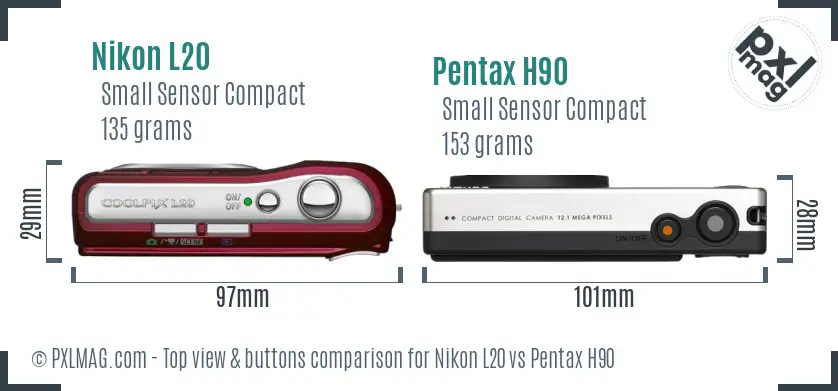 Nikon L20 vs Pentax H90 top view buttons comparison