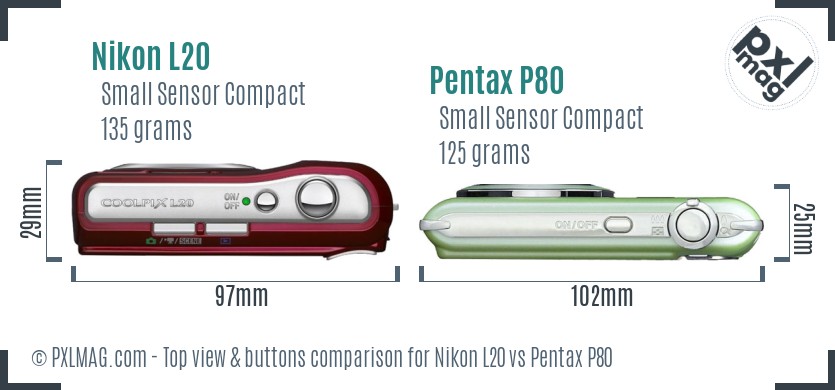 Nikon L20 vs Pentax P80 top view buttons comparison
