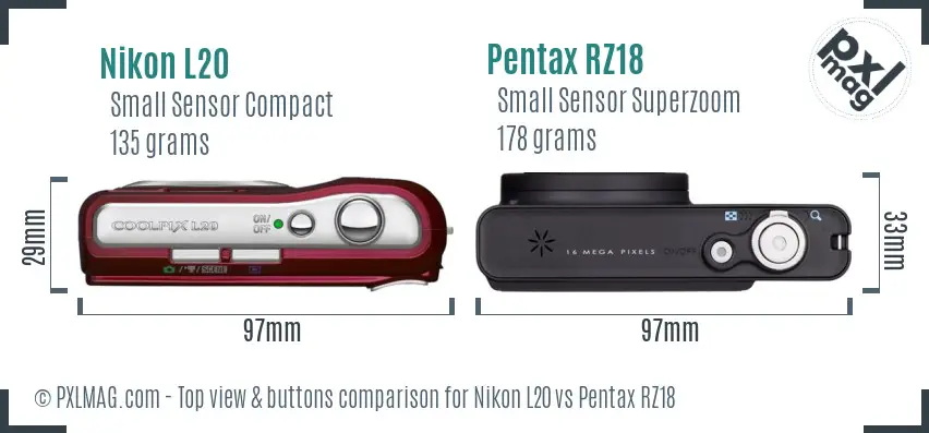 Nikon L20 vs Pentax RZ18 top view buttons comparison