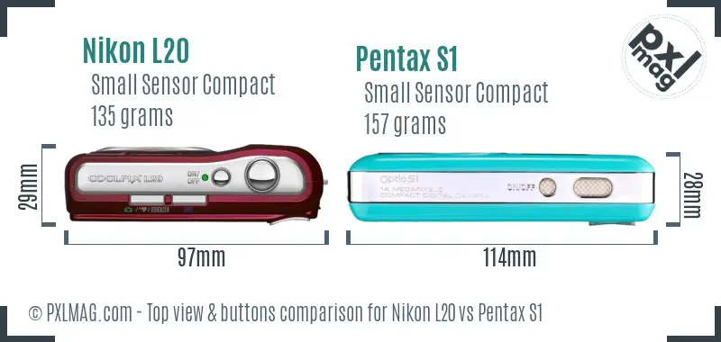 Nikon L20 vs Pentax S1 top view buttons comparison