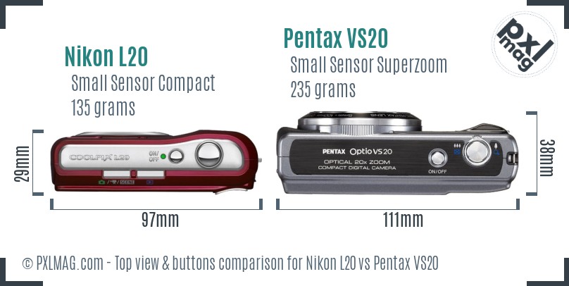 Nikon L20 vs Pentax VS20 top view buttons comparison