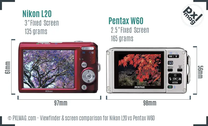 Nikon L20 vs Pentax W60 Screen and Viewfinder comparison
