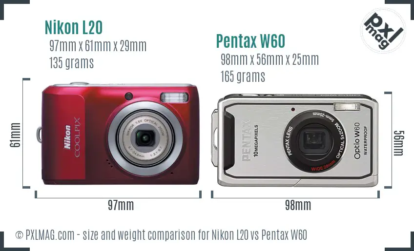 Nikon L20 vs Pentax W60 size comparison