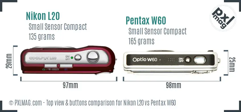 Nikon L20 vs Pentax W60 top view buttons comparison
