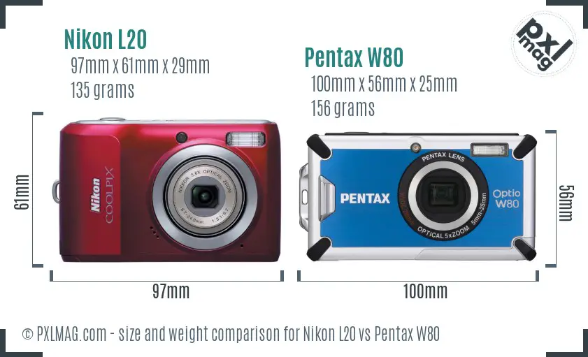 Nikon L20 vs Pentax W80 size comparison