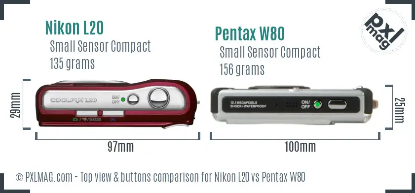 Nikon L20 vs Pentax W80 top view buttons comparison