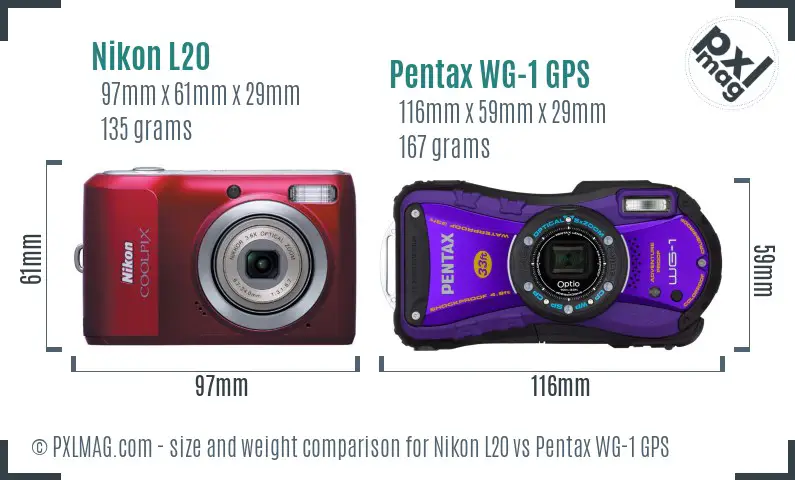 Nikon L20 vs Pentax WG-1 GPS size comparison Nikon L20 vs Pentax WG-1 GPS size comparison