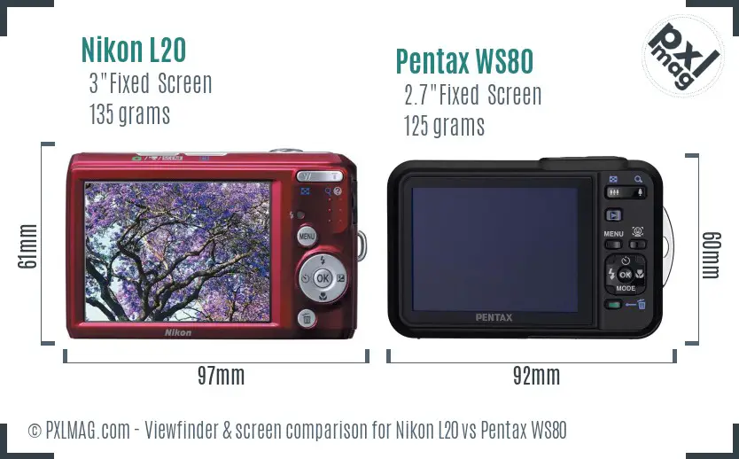 Nikon L20 vs Pentax WS80 Screen and Viewfinder comparison