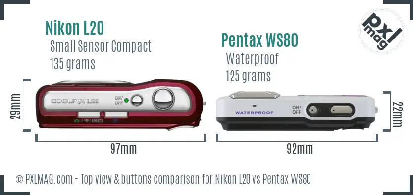 Nikon L20 vs Pentax WS80 top view buttons comparison