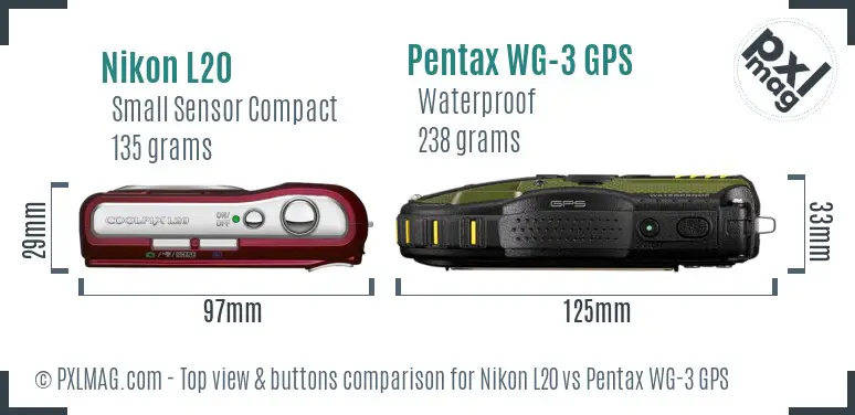 Nikon L20 vs Pentax WG-3 GPS top view buttons comparison Nikon L20 vs Pentax WG-3 GPS top view buttons comparison