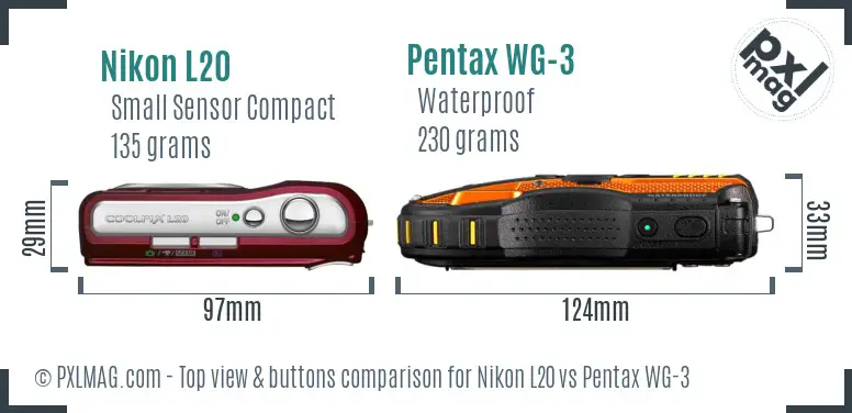 Nikon L20 vs Pentax WG-3 top view buttons comparison