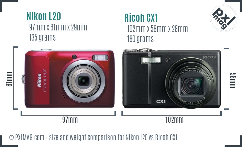 Nikon L20 vs Ricoh CX1 size comparison