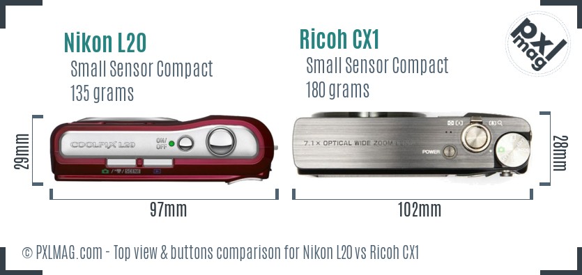 Nikon L20 vs Ricoh CX1 top view buttons comparison
