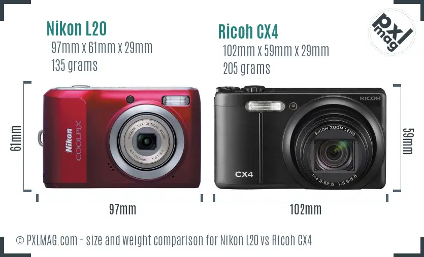 Nikon L20 vs Ricoh CX4 size comparison