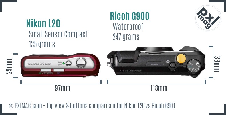 Nikon L20 vs Ricoh G900 top view buttons comparison
