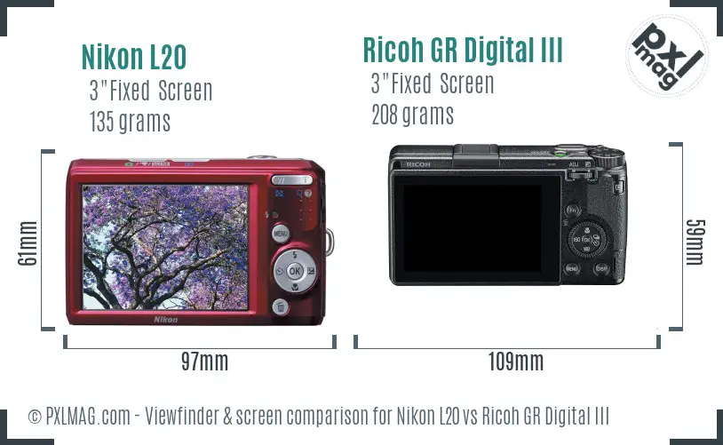 Nikon L20 vs Ricoh GR Digital III Screen and Viewfinder comparison