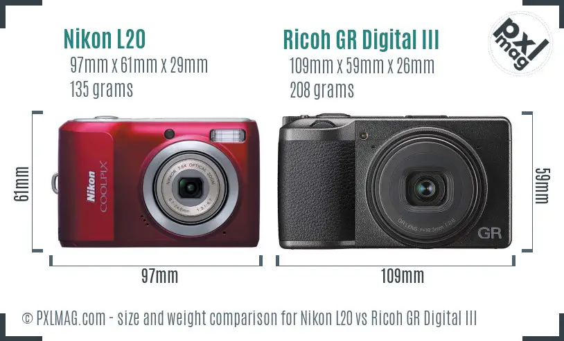 Nikon L20 vs Ricoh GR Digital III size comparison