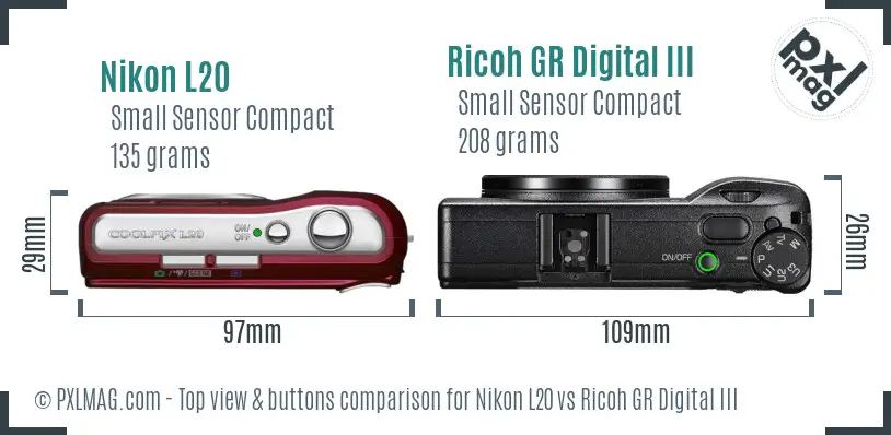 Nikon L20 vs Ricoh GR Digital III top view buttons comparison