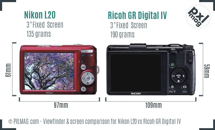 Nikon L20 vs Ricoh GR Digital IV Screen and Viewfinder comparison