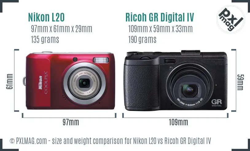 Nikon L20 vs Ricoh GR Digital IV size comparison