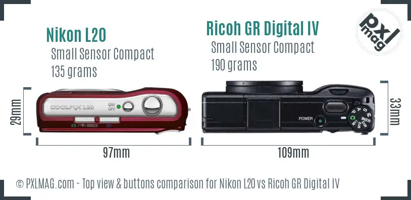 Nikon L20 vs Ricoh GR Digital IV top view buttons comparison