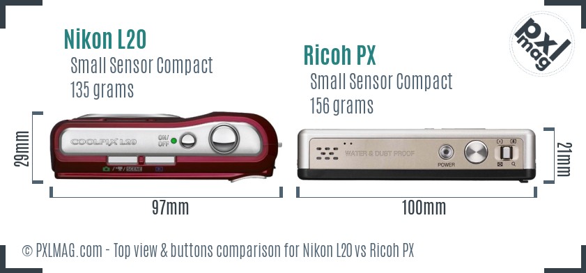 Nikon L20 vs Ricoh PX top view buttons comparison