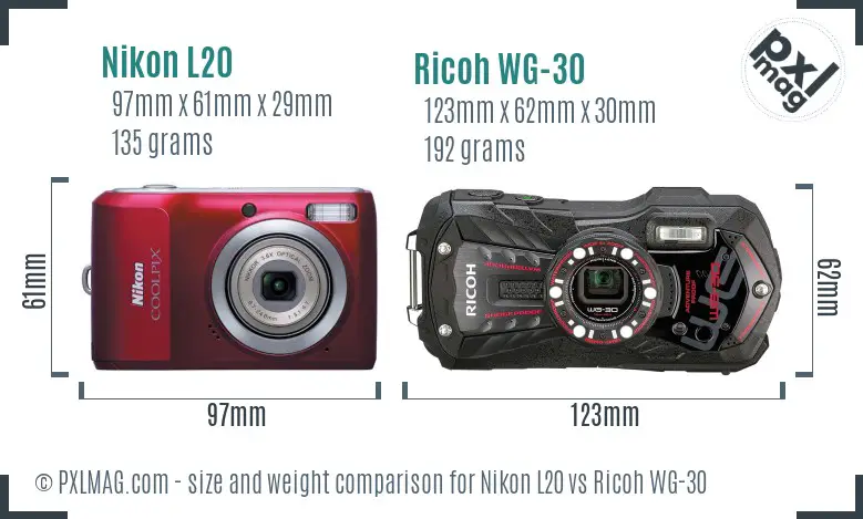 Nikon L20 vs Ricoh WG-30 size comparison