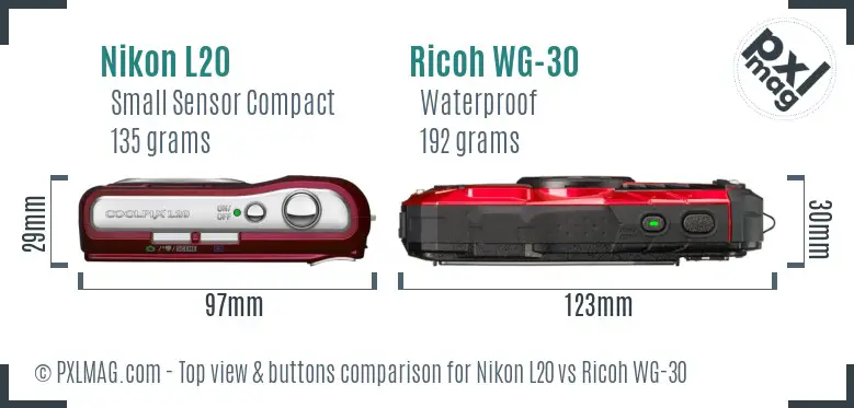 Nikon L20 vs Ricoh WG-30 top view buttons comparison
