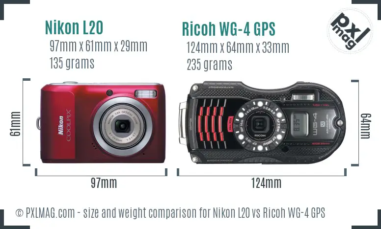 Nikon L20 vs Ricoh WG-4 GPS size comparison Nikon L20 vs Ricoh WG-4 GPS size comparison