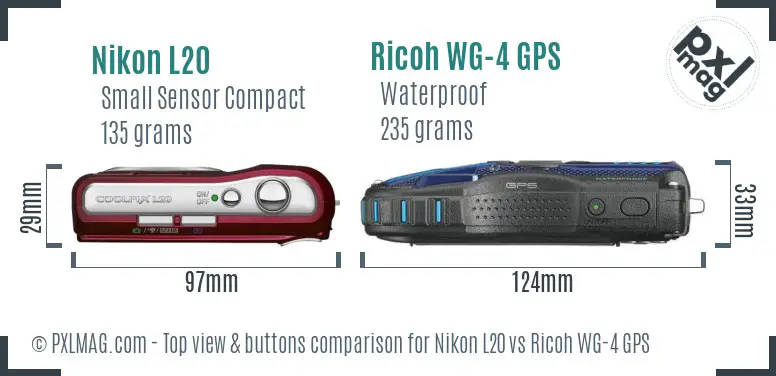Nikon L20 vs Ricoh WG-4 GPS top view buttons comparison Nikon L20 vs Ricoh WG-4 GPS top view buttons comparison