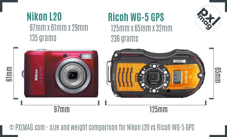 Side by side size comparison of Nikon L20 and Ricoh WG-5 GPS illustrating their compactness and ruggedness