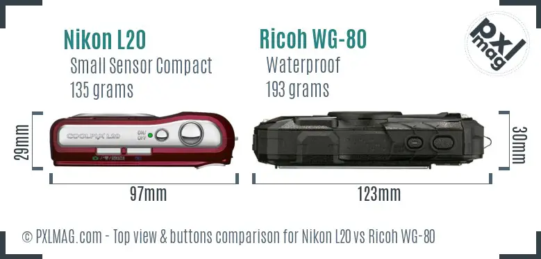 Nikon L20 vs Ricoh WG-80 top view buttons comparison