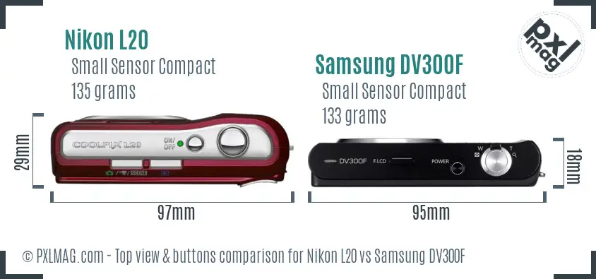 Nikon L20 vs Samsung DV300F top view buttons comparison