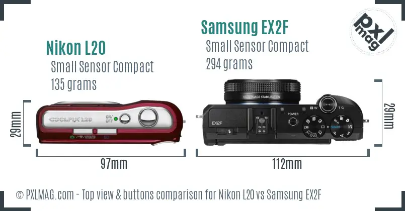 Nikon L20 vs Samsung EX2F top view buttons comparison