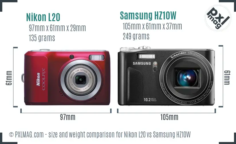 Nikon L20 vs Samsung HZ10W size comparison