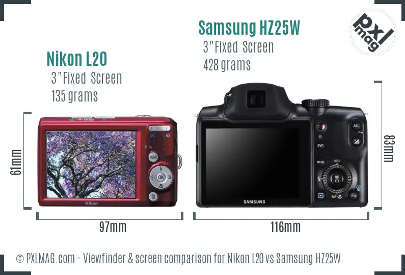 Nikon L20 vs Samsung HZ25W Screen and Viewfinder comparison