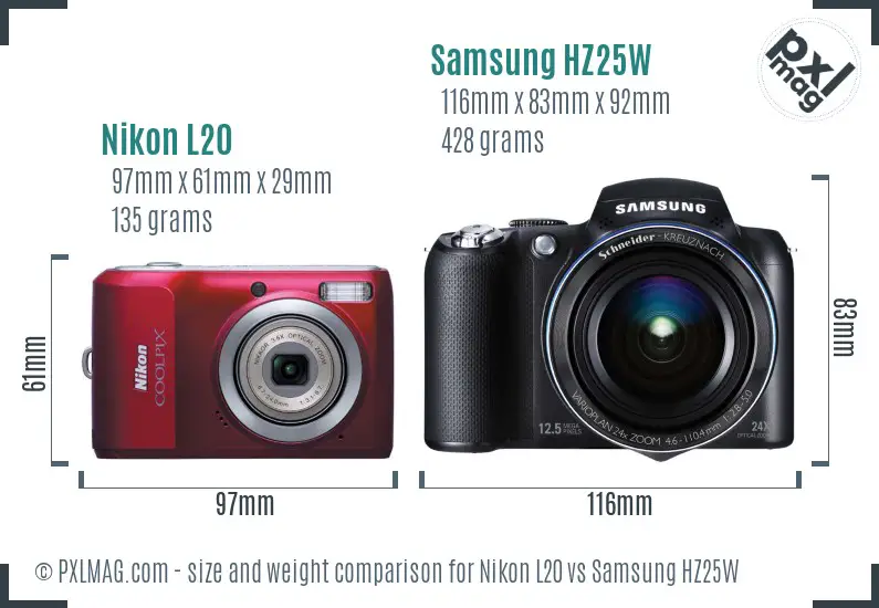 Nikon L20 vs Samsung HZ25W size comparison