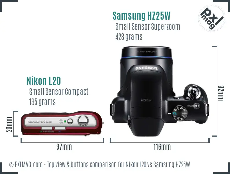 Nikon L20 vs Samsung HZ25W top view buttons comparison