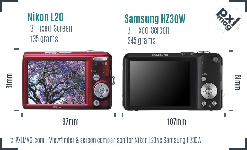 Nikon L20 vs Samsung HZ30W Screen and Viewfinder comparison