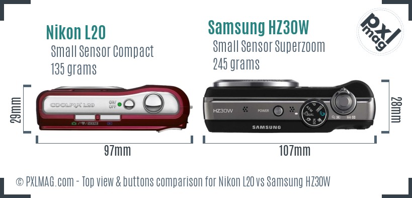 Nikon L20 vs Samsung HZ30W top view buttons comparison