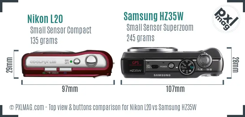 Nikon L20 vs Samsung HZ35W top view buttons comparison Nikon L20 vs Samsung HZ35W top view buttons comparison