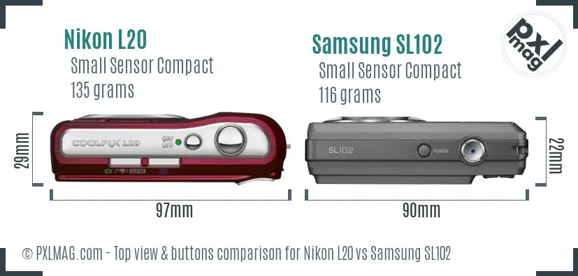 Nikon L20 vs Samsung SL102 top view buttons comparison