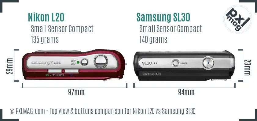 Nikon L20 vs Samsung SL30 top view buttons comparison