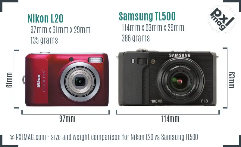 Nikon L20 vs Samsung TL500 size comparison